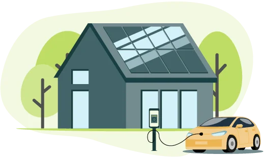 Illustratie van een duurzaam huis met zonnepanelen op het dak en een elektrische auto aan de laadpaal